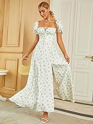 Women's Summer Puff Sleeve Floral Split Maxi Dress