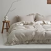 Simple&Opulence 100% Linen Duvet Cover Set, 3 PCS Natural French Flax Ruffle Duvet Cover Full Size, Breathable Comfy Linen Bedding Comforter Cover with 2 Pillowcases (Natural Linen, 78"X 86")