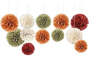 NICROLANDEE Fall Party Decorations, 12 PCS Pumpkin Orange Burgundy Sage Green Ivory Tissue Pom Poms Thanksgiving Decor for Home, Wedding, Birthday, Autumn Harvest Party Supplies