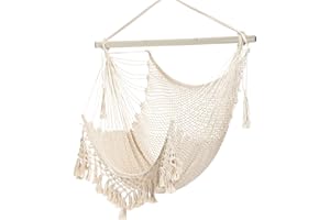 YAERSI Hammock Chair，Max 330lbs, Large Hanging Chair, Soft Cotton Rope Swing Chair with High Load-Bearing Metal Rod,Indoor Outdoor Garden Yard Living Room Use Beige