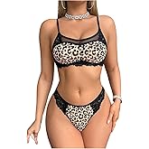 OYOANGLE Women's Leopard Print Lingerie Set Lace Wireless Bras with Low Rise T-Back Thong Set