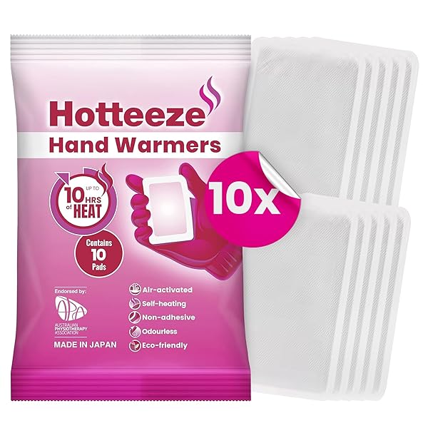 HOTTEEZE HAND WARMERS ECO FRIENDLY SELF ADHESIVE DISPOSABLE ODOURLESS PAIN RELIEF GLOVE WARMER FOR 10 HOURS OF HEAT, INSTANT AIR ACTIVATED POCKET HEATER – 1 PACK (10 PADS)