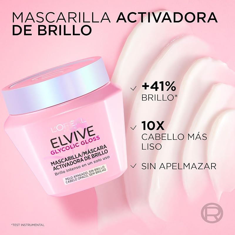L'Oréal Paris, Mascarilla Activadora del Brillo, Brillo Intenso en Un Solo Uso, Cabello Más Liso, Con Ácido Glicólico, Para Cabello Apagado y Sin Vida, Elvive Glycolic Gloss, 310 ml