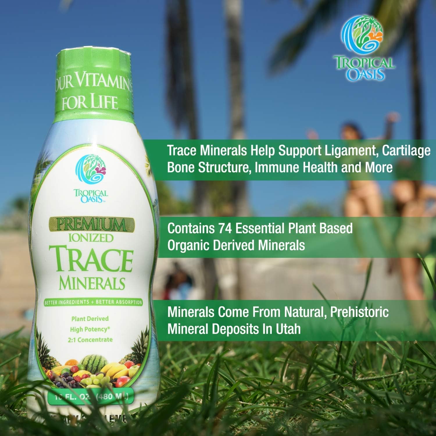 Tropical Oasis - Premium Ionized Plant Based Trace Minerals Liquid Formula- 74 essential minerals in liquid form for up to 96% Absorption - 16 oz, 32 servings: Health & Personal Care