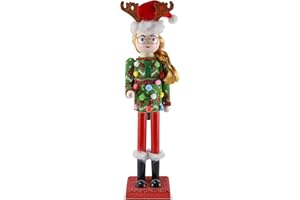 Ornativity Christmas Ugly Sweater Nutcracker – Red and Green Wooden Nutcracker Woman with an Ugly Sweater and Reindeer Hat Xmas Themed Holiday Nut Cracker Doll Figure Decorations 15"
