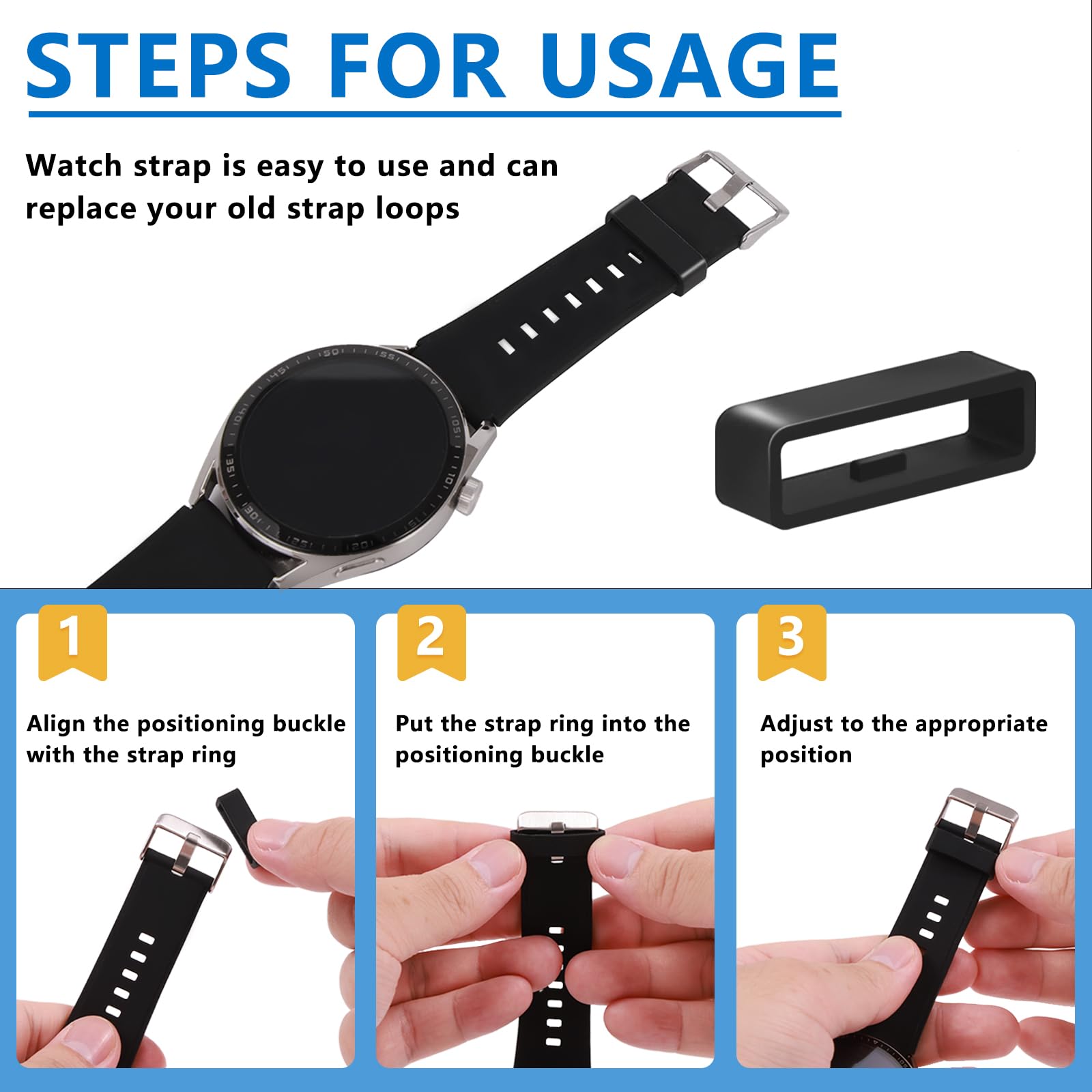Vnsuyo 6 Pcs Watch Band Keepers, 16mm/18mm/20mm/22mm /24mm/26mm Watch Strap Holder Loops Retainer, Black Silicone Watch Band Fastener Rings Replacement Parts for Smart Sport Watches