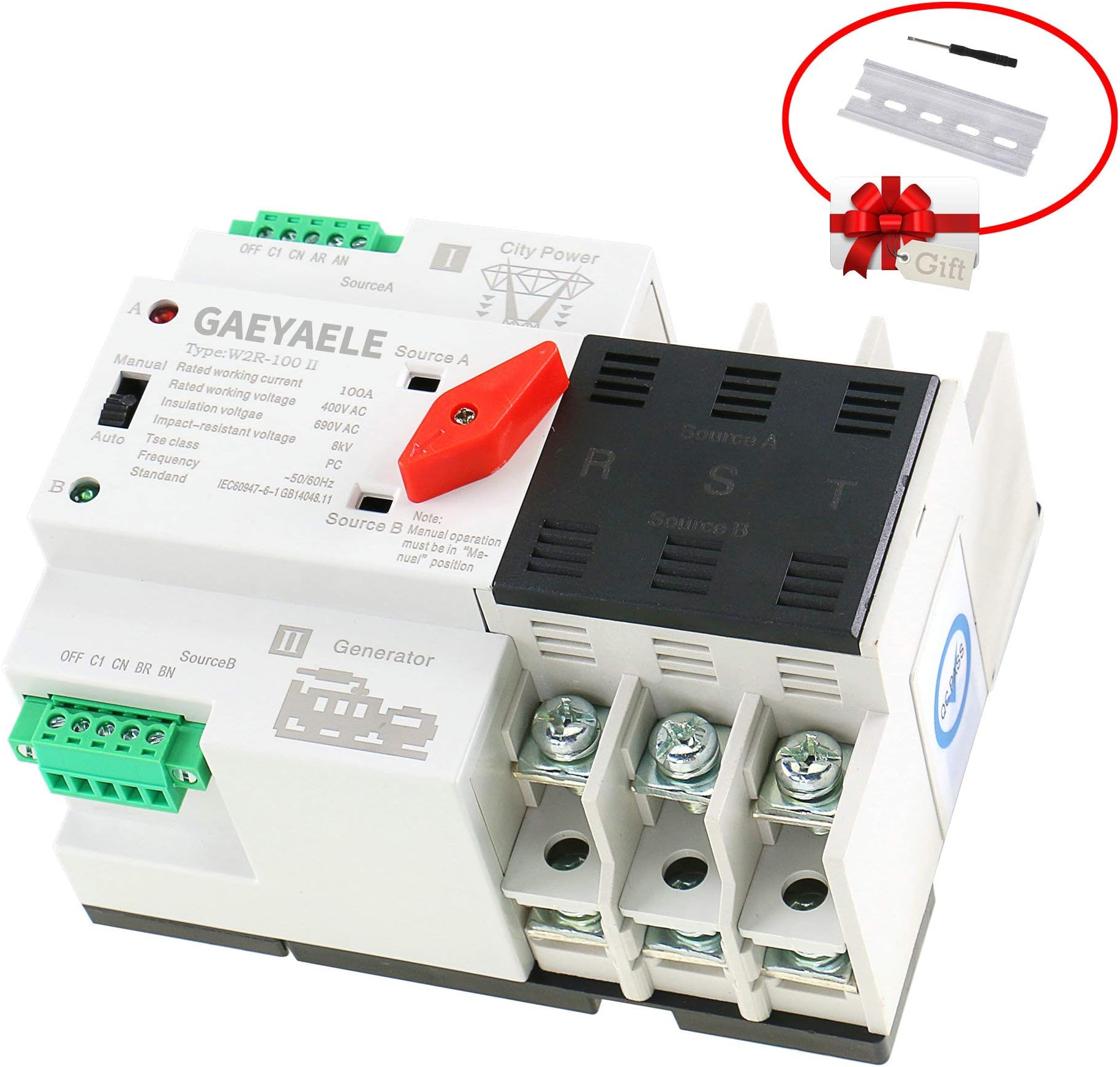 GAEYAELE W2R-3P Din Rail Mounted Automatic Transfer Switch Three Phase ATS 100A Power Transfer Switch (W2R 3P 25A)