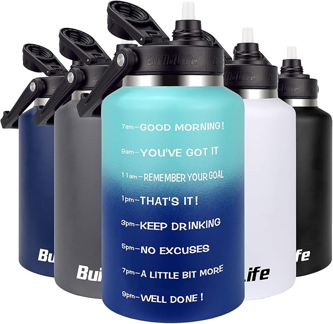 BuildLife Stainless Steel Water Bottle 64 OZ Half Gallon Motivational