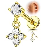 Agrewd Flat Back Dangling Flower Titanium Cartilage Earring 16G Gold Plated Helix Earrings Push in Helix Tragus Piercing Jewelry Surgical Steel 6/8MM