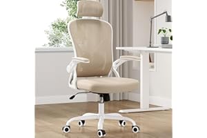 Farini Ergonomic Office Chair, Home Office Desk Chair with Headrest, High Back Computer Chair with Armrests and Adjustable Lumbar Support for Home Office Study Bedroom, White & Khaki