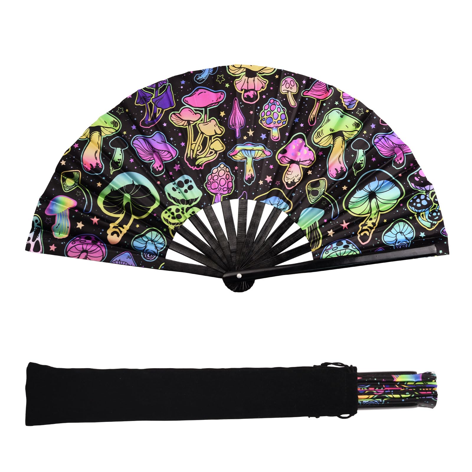 URROMA Foldable UV Glow Big Mushroom Hand Fan, Large Rave Fan Folding Hand Fan Bamboo Festival Clack Fan Performance Dance Party Accessories For Men Women