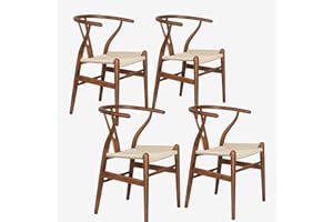 VODUR Wishbone Chair Natural Solid Wood Dining Chair/Hans Vegner Y Chair Rattan and Wood Accent Armrest Chair (Ash Wood - Walnut 4 Chairs)