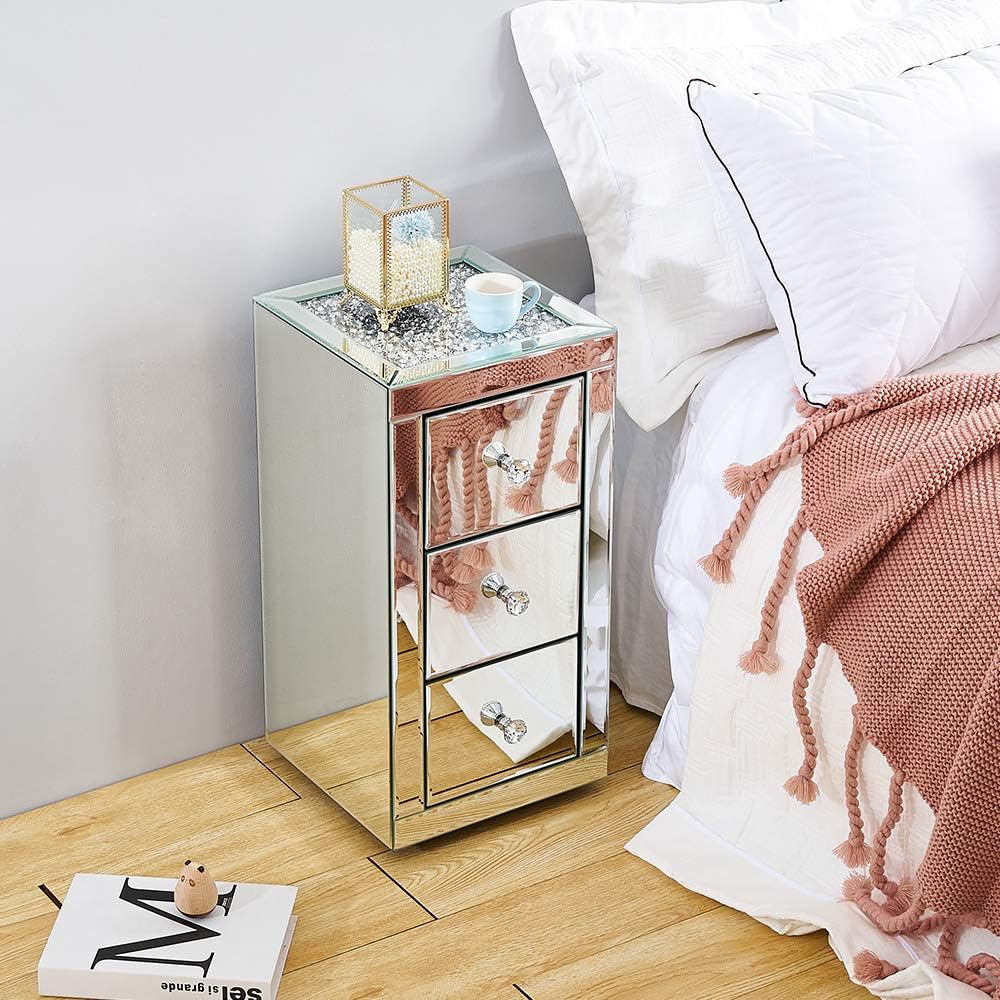 Nightstand Mirror Glass Storage with 3 Drawers Bedside