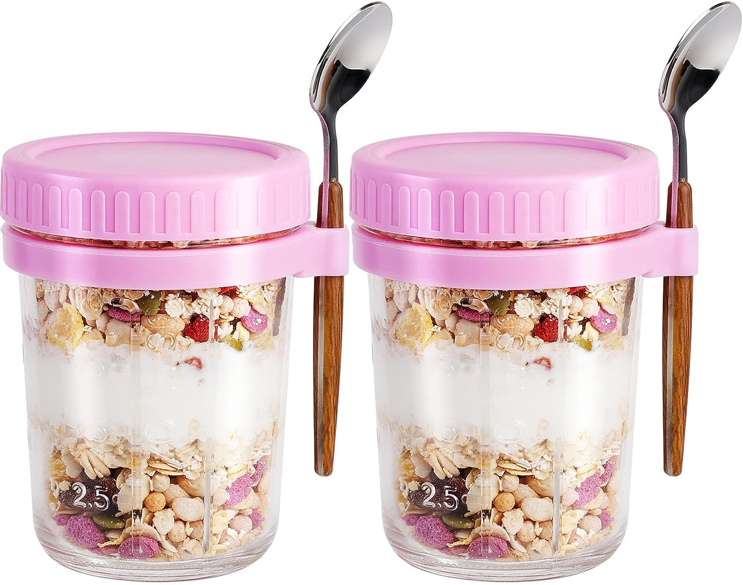 ALINK 2 Pack Overnight Oats Jars, Overnight Oats Container with Lid and Spoon, 10 oz Cereal, Milk, Vegetable and Fruit Salad Storage Container with Measurement Marks (purple)