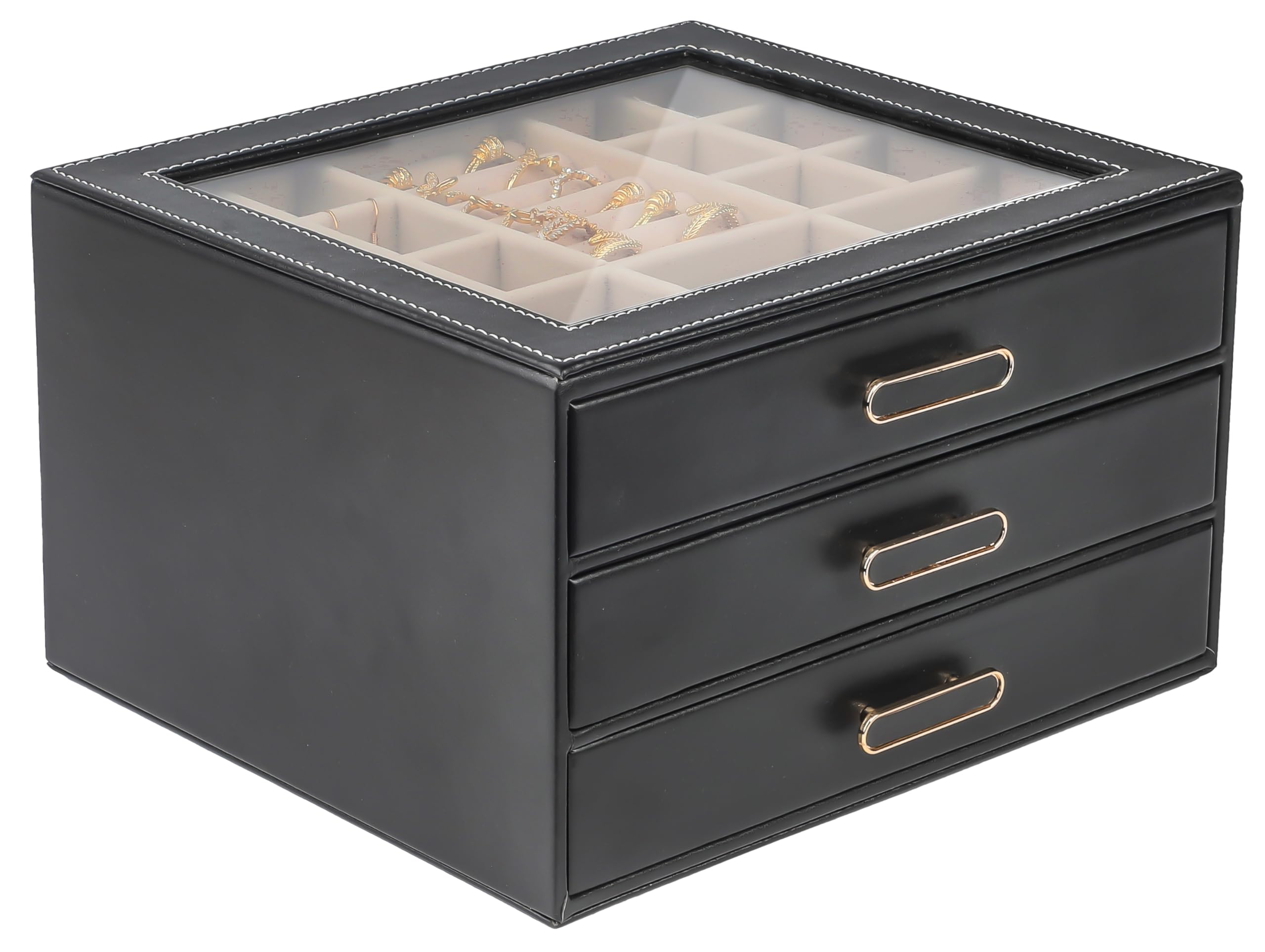 ASINGYER 3 Layer Jewelry Organizer Box with Glass Lids & 3 Drawers - Elegant Storage Solution for Necklace, Rings,Earrings, and Bracelets - Perfect for Women ASK-301 (Black)