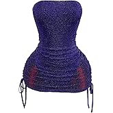 SHENHE Women's Sparkly Strapless Mesh Dress Ruched Bodycon Sexy Party Rave Mini Tube Dress