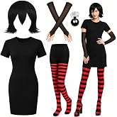 Kuscul 5 Pcs Halloween Vampire Costume for Women Include Black Dress Wig Socks Fingerless Gloves Gloves and Vampire Dentures