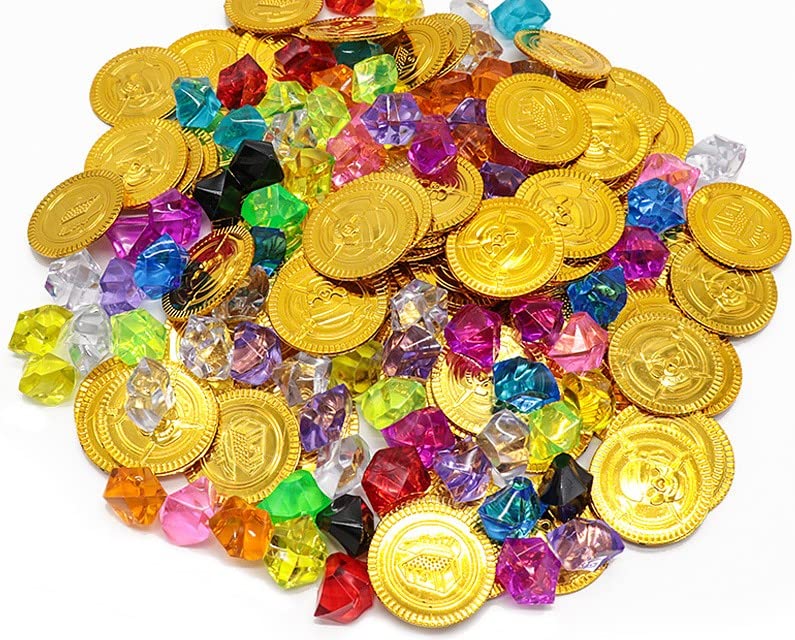 PIQIUQIU Pack of 150 Pirate Gold Coins (50 Pieces Pirate Coins with 100 Pieces Children's Pirate Gemstones for Children, Pirate Treasure, Pirate Party Bags, Treasure Hunt Children's Birthday Party