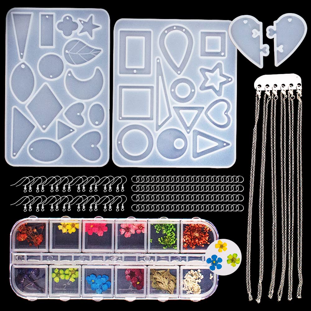 SNAIL GARDEN 252 Pcs Jewelry Moulds with Silicone Resin Pendant with Dried Flower Leaf,Epoxy Resin Mould with Necklace Chain, Earring Hooks