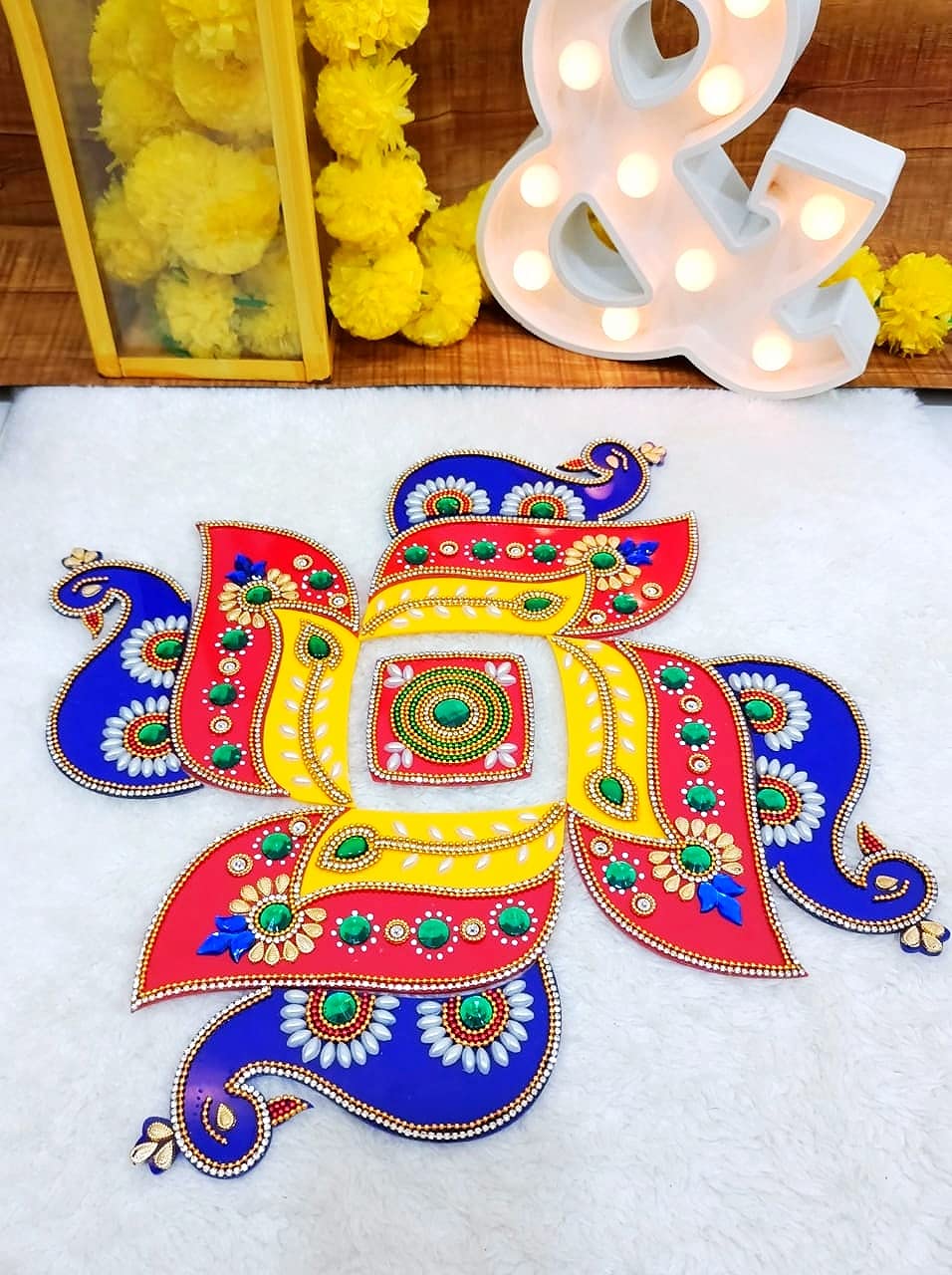 Itiha Hindu Swastika Peacock Rangoli Indian Decor for Wall, Floor & Table Decoration for Christmas and Diwali - 12 Piece Handmade(12 inches)