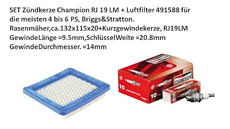 Mein SET Zündkerze Champion RJ 19 LM + Luftfilter für die meisten 4 bis 6 PS, Briggs&Stratton Rasenmäher,ca.132x115x20+Kurzge