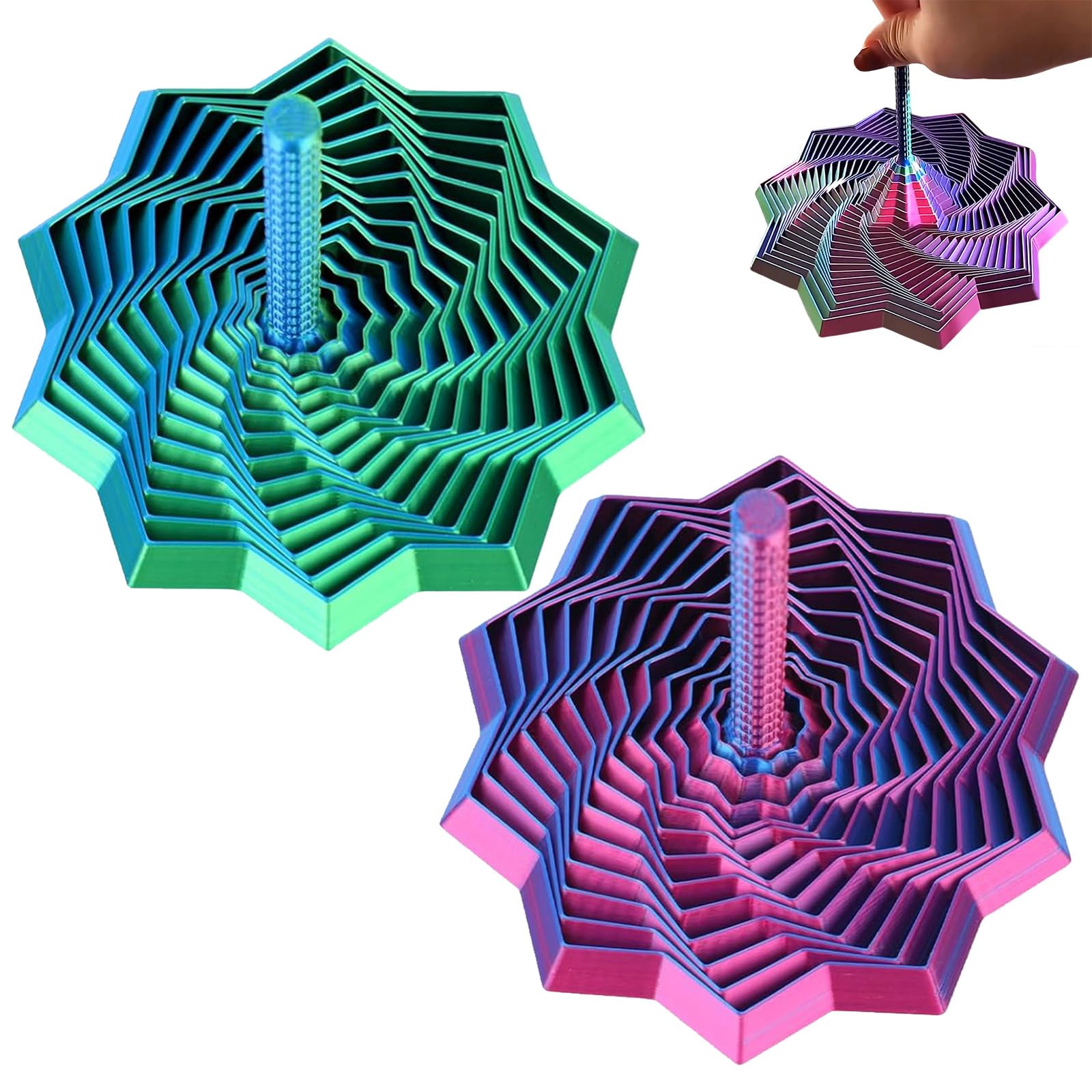 PORUPAEL 2pcs 3D Printed Expanded Sensory Fidget Stars - Detachable Handle Hexagonal Rotating Spiral Stress Relief Toy, Desk Fidget Toy for Adults & Kids Office Home