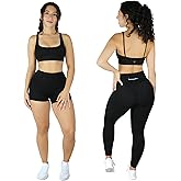 Workout Sets for Women 3 Piece Seamless High Waisted Scrunch Leggings Shorts Strappy Sports Bra Gym Activewear Fitness Set