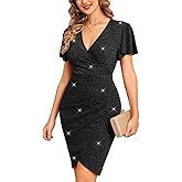 CYCLAMEN 2025 Sparkly Glitter Ruched Bodycon Mini Sexy Dress Sparkle Sequin V Neck Wrap Ruffle Sleeve Dresses Cocktail Party