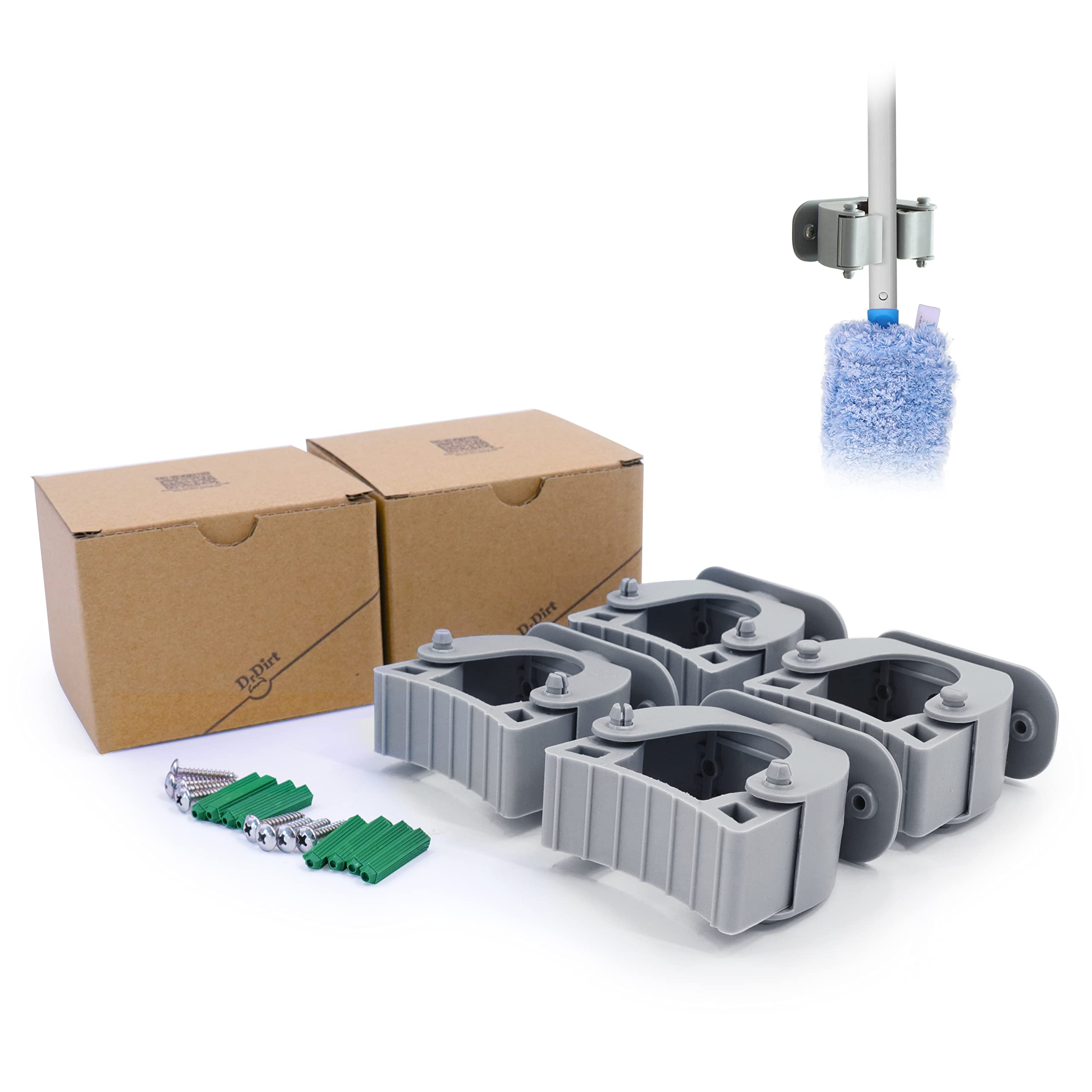 DrDirt Broom Holder Wall Mounted – Utility Tool Rack Storage Organizer with 3M Sticker Self-Adhesive & Screw-On Install Options（4 packs）