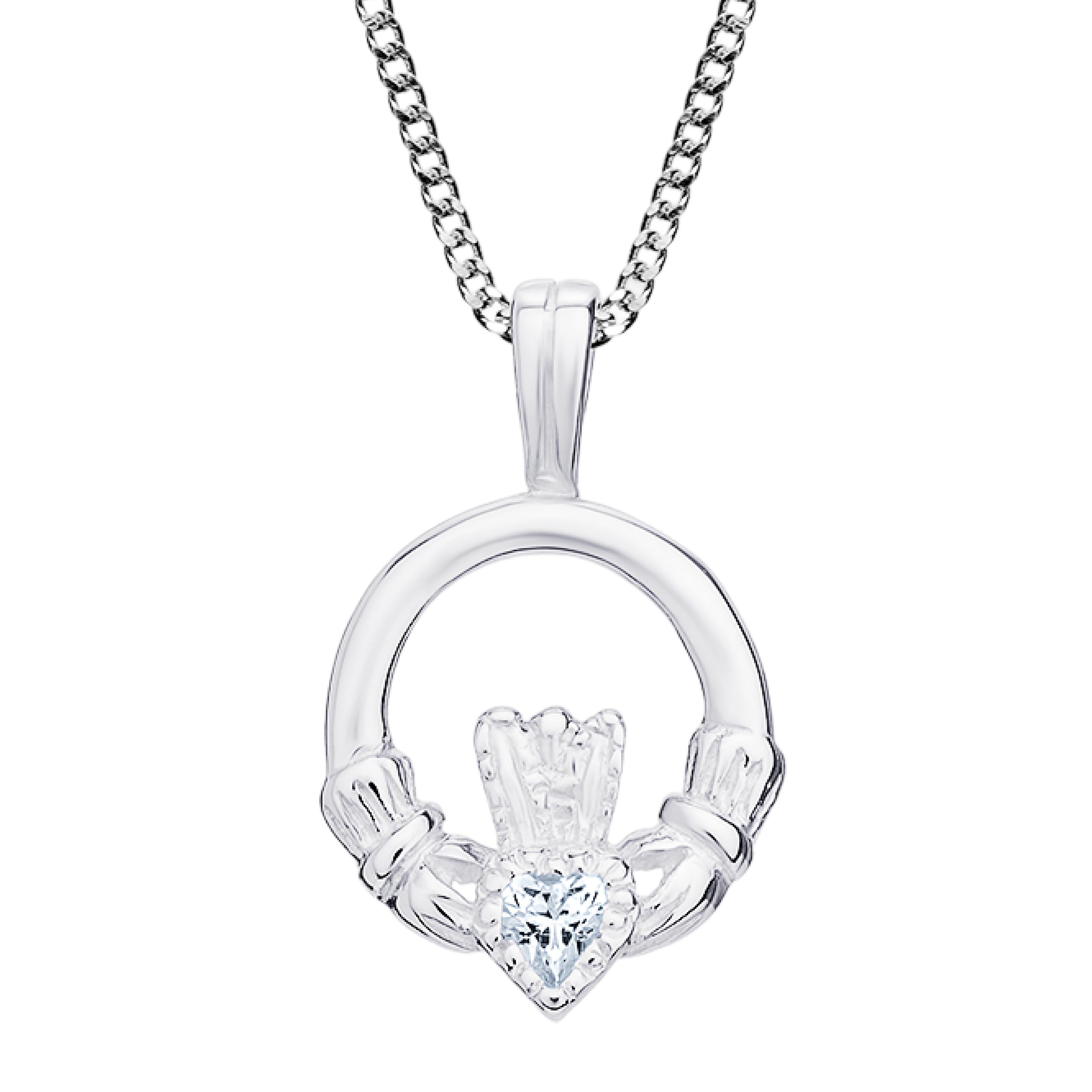 Aeon Silver Claddagh Necklace - 925 Sterling Silver & White Cubic Zirconia Pendant | Adjustable 16-18 Inch Chain | Irish Celtic Jewellery