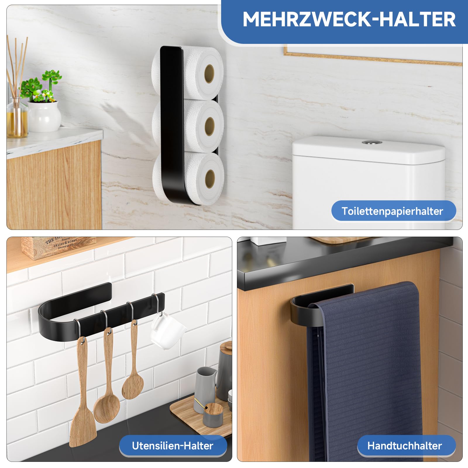 Toilettenpapier Aufbewahrung Schwarz, Selbstklebender Klopapier Aufbewahrung, Toilettenpapierhalter Ohne Bohren, Klorollenaufbewahrung Für 3 Rollen, Ersatzrollenhalter Toilettenpapier 8