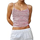 Cioatin Women Cute Sleeveless Striped Print Button Up Crop Cami Y2K Spaghetti Straps Backless Tank Shirt Going Out Tops