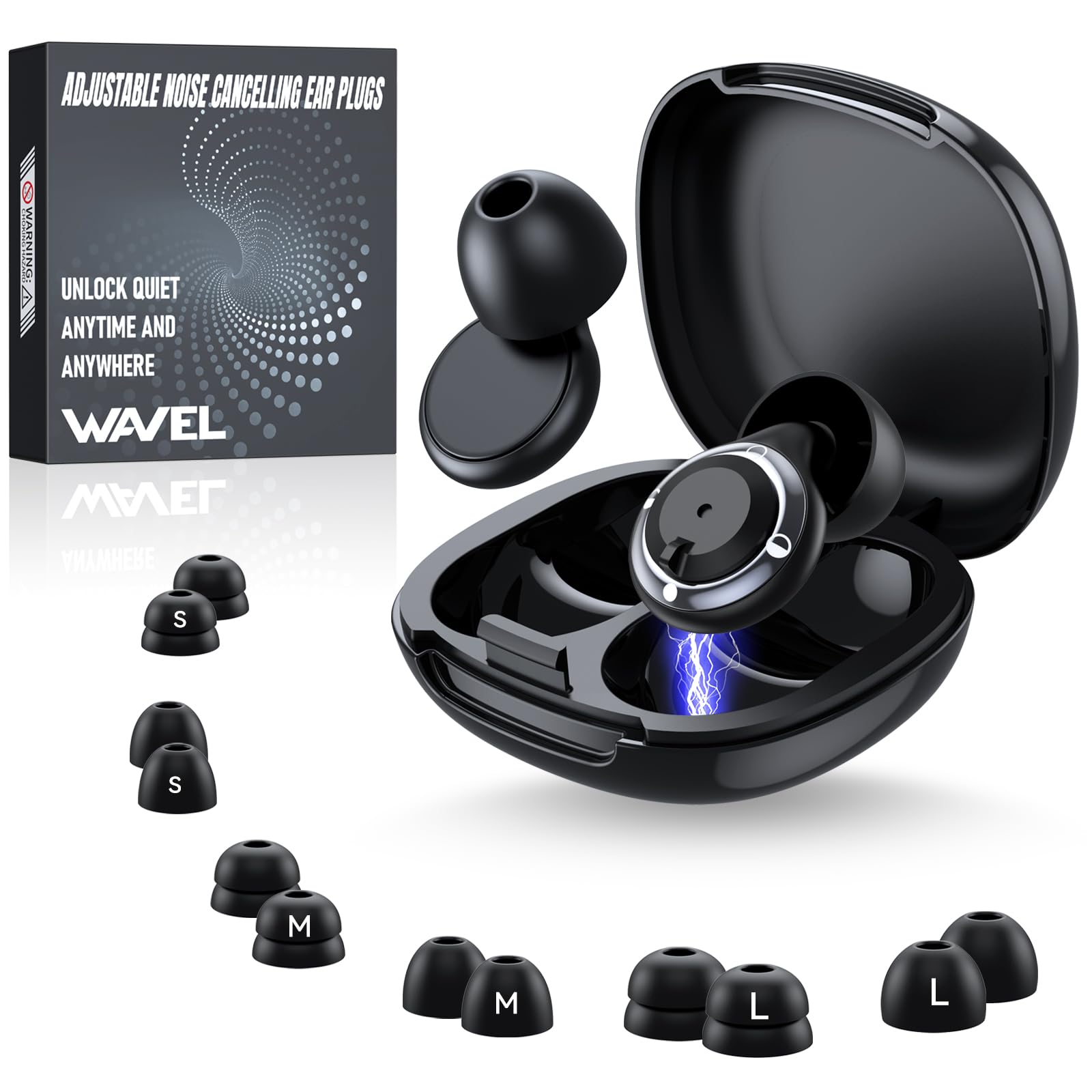 Photo 1 of WAVEL Adjustable Ear Plugs for Sleeping Noise Cancelling - 3 Modes Noise Reduction EarPlugs (17-35dB) for Snoring, Travel & Concerts | 7 Pairs Silicone Tips (XS/S/M/L) | Magnetic Carry Case | Black