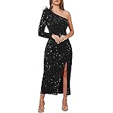 VERWIN Women's Sequins Dress One Shoulder Bodycon Oblique Collar Maxi Dress Sparkly Spilt Wrap Cocktail Dress