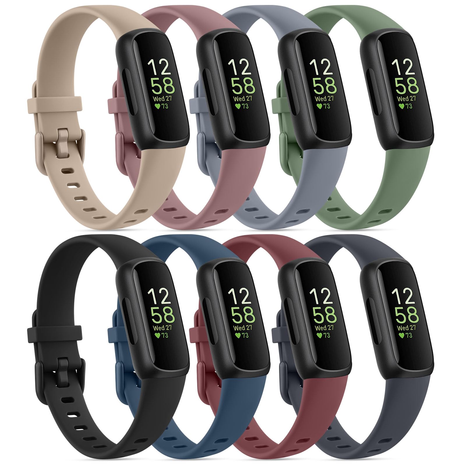 8 Pack Straps for Fitbit Inspire 3 Strap for Women Men Kids, Soft Silicone Replacement Strap Watchband, Black, Deep blue, Grey Blue, Wine red, Milk Tea, Smoke Purple, Olive green, Midnight blue