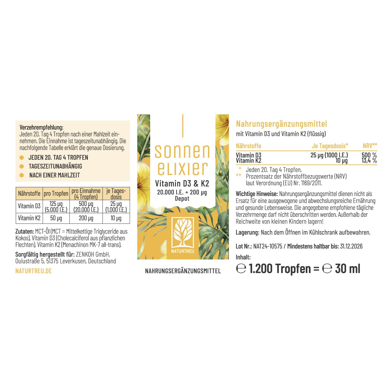 NATURTREU® Vitamin D3 K2 Tropfen hochdosiert & vegan - 20.000 I.E Vitamin D3 + K2 MK7 200 mcg pro Dosis (Depot) 3