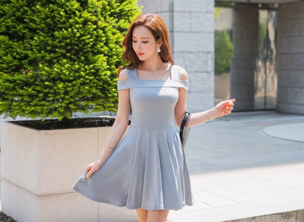 Amazon Co Jp Megumi 韓国 オルチャン ファッション 夏 膝丈 ワンピース 肩がユニーク Mサイズ相当 グレー 服 ファッション小物