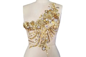 SUCCI SHAN Handmade Sewn on The Web 3D Lace Rhinestones Applique Crystal Patches with Stones Sequins Beads Wedding Dress Accessories (Yellow)