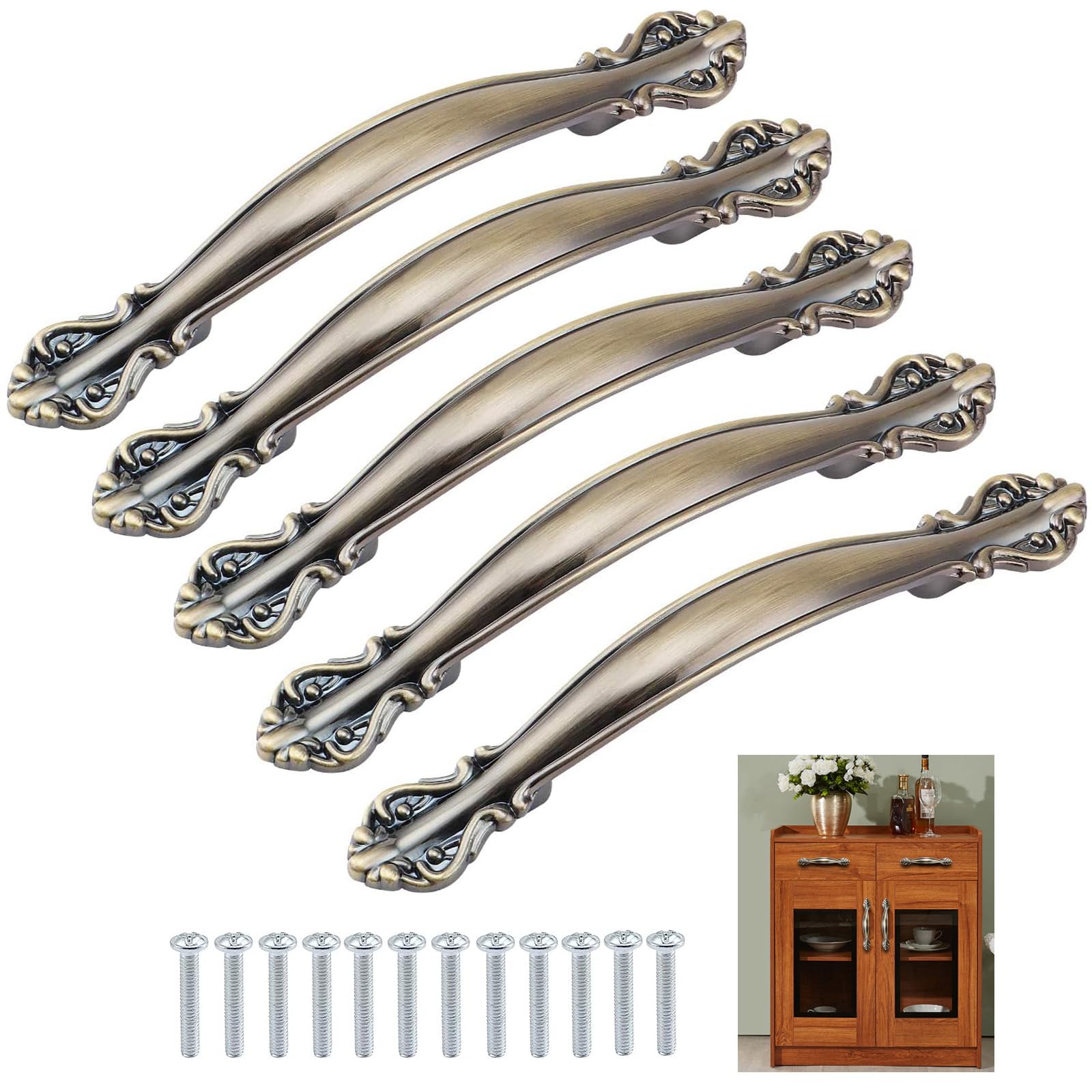 KanDery 6PCS Vintage Cabinet Handles, Furniture Door Pull Handles, Antique Bow Pulls, 96mm Hole Center, Green Bronze