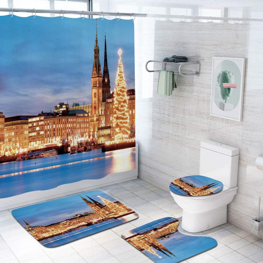 Winter 69x70 inch Shower Curtain Sets,Hamburg Germany Old Town Hall with Christmas Tree Evening Historical Architecture Decorative Toilet Pad Cover Bath Mat Shower Curtain Set 4 pcs Set,Multicolor