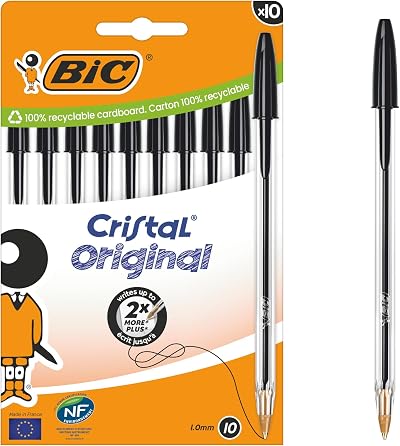 BIC Cristal Original Ballpoint Pens Medium 1 mm Black Box of 10