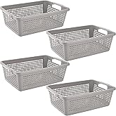 Hedume 4 Pack Plastic Storage Baskets with Handle, 15”x9.8”x4.7” Pantry Storage Bins, Closet Baskets, Large Organization Basket for Nursery, School, Office