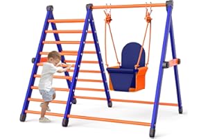 IYOYO Climbing Toys and Baby Swing Set for Kids Toddlers Aged 1-3, Jungle Gym Pikler Triangle & Metal Swing Set Foldable 2-in-1 Montessori Baby Playground for Indoor Outdoor Backyard