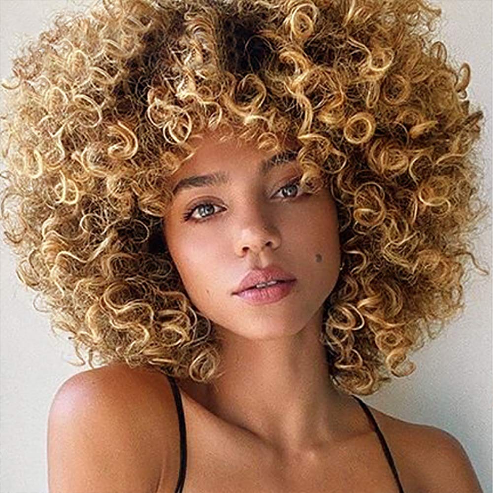 Colorfulpanda Curly Wig with Fringe Ombre Mixed Blonde Brown Short Hair Afro Kinky Culry Natural Synthetic Wigs for Black Women Cosplay Party Daily Wear