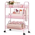 TOOLF 3 Tier Rolling Utility Cart - Durable Metal Design Pink Utility Cart, Storage Trolley on Wheels with 3 Hooks, Perfect for Kitchen, Bathroom & Laundry Room Organization