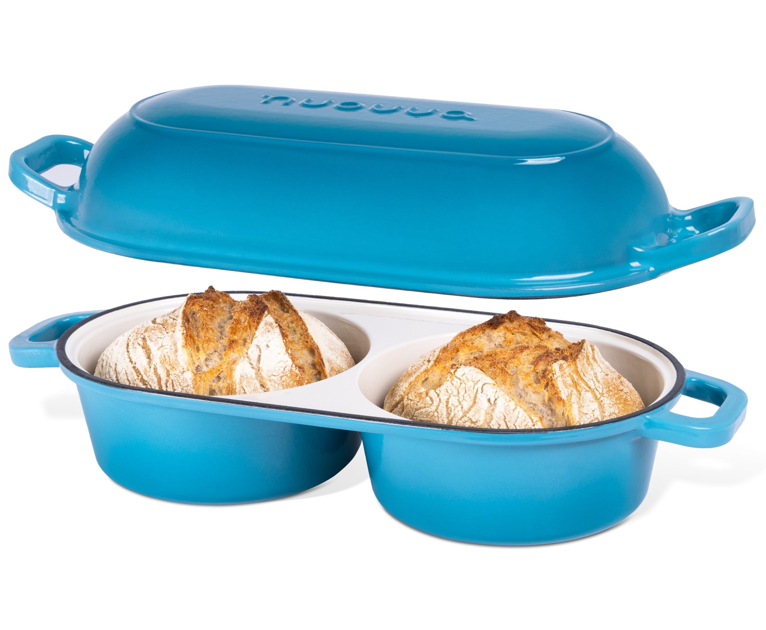 Photo 1 of **DAMAGE, SEE NOTES Dutch Oven For Sourdough Bread Baking – Enamelled Cast Iron Bread Loaf Pot – 500°F Oven Safe Non Stick Bread Pot – Double Round Loaf Space, 16.5cm Diameter, Light Blue, – by Nuovva