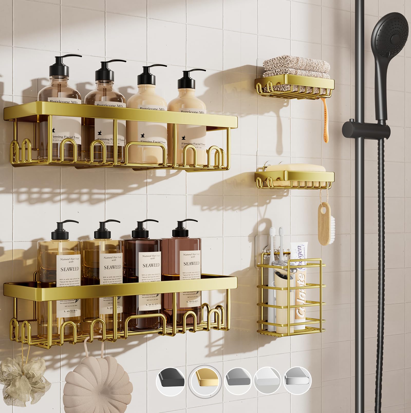 Photo 1 of Veken Adhesive Shower Caddy 5-Pack,Heavy Weight Bearing,Large Wall Mounted Shower Shelves Rack,Organizer Storage Accessories with Soap Dish&Toothbrush Holder,Ideal for Bathroom,Home&Kitchen,Gold