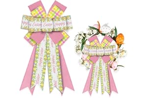 Estivaux Large Easter Bows for Wreath, Happy Easter Wreath Bows White Pink Burlap Bows Yellow Buffalo Plaid Bows Eggs Holiday Tree Topper Bows for Front Door Spring Easter Party Decorations