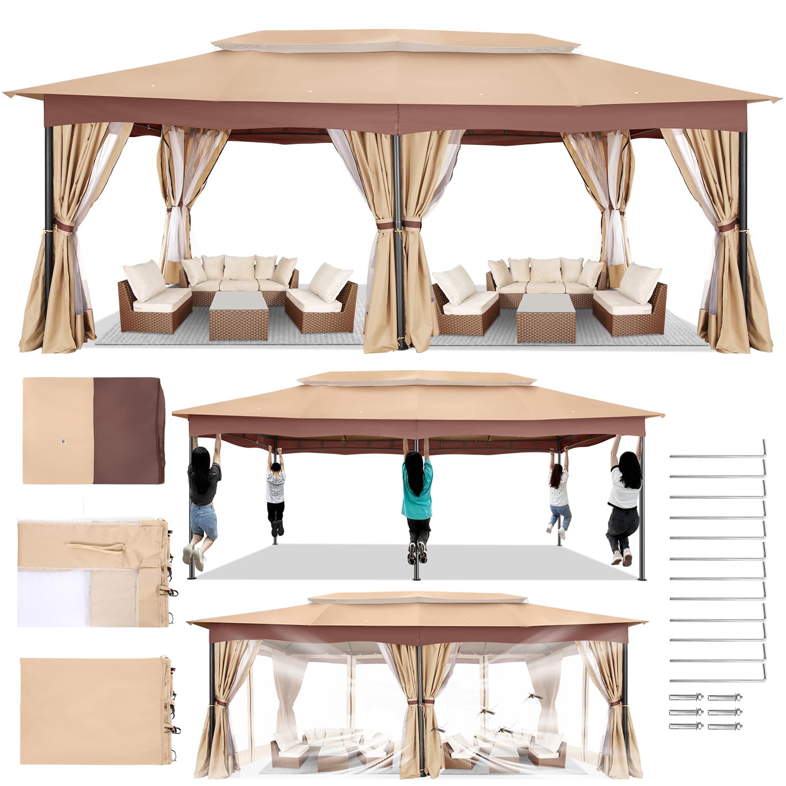 Photo 1 of ** see notes **COBIZI Gazebo 12x20 Heavy Duty Gazebos with Curtain and Netting Outdoor Gazebo Canopy Double Roof Patio Gazebos with Metal Steel Frame for Patio, Deck, Backyard (Khaki)