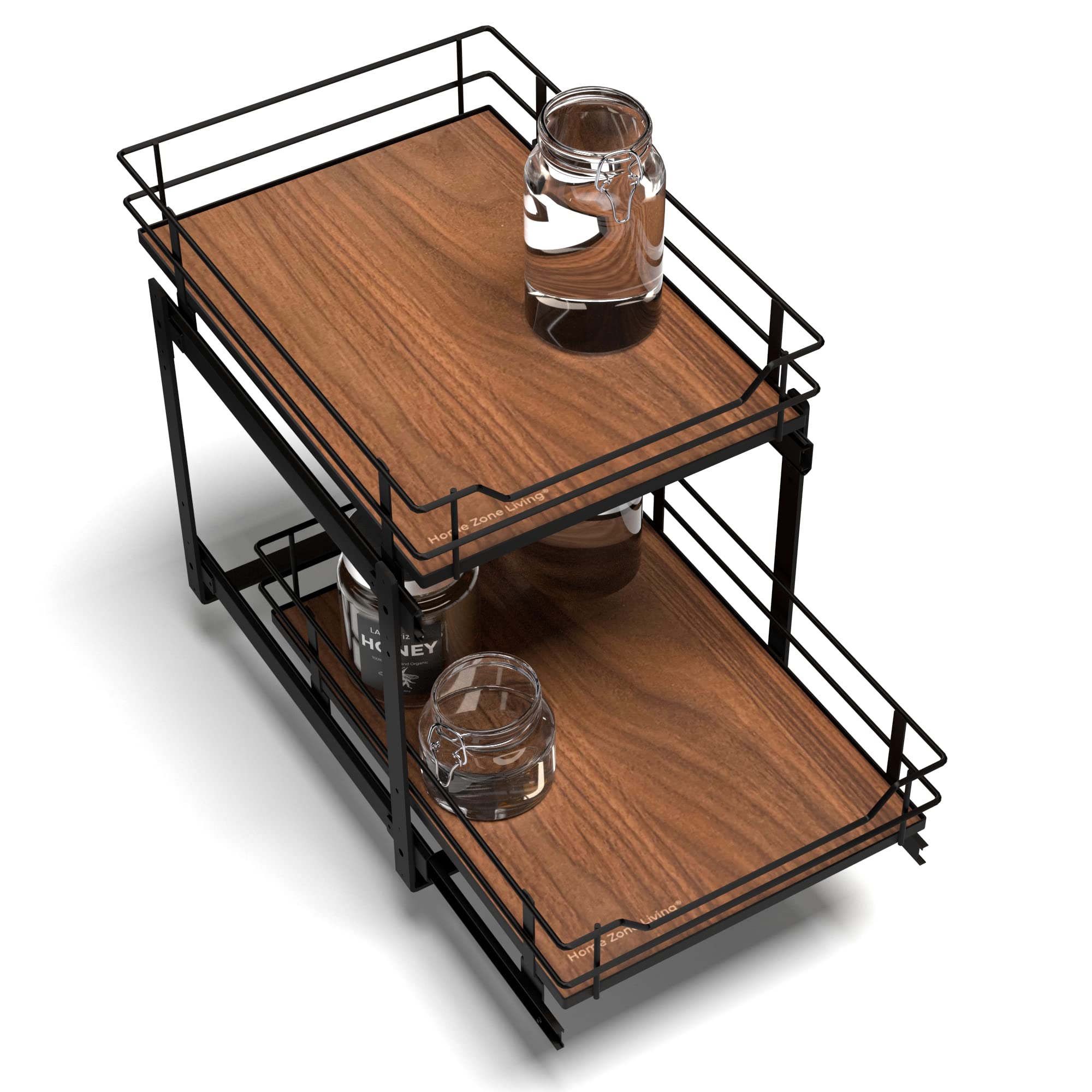 Home Zone Living Pull Out Kitchen Cabinet Organizer with 2 Tiers of Storage for Easy Access, 15”W x 20”D, Matte Black With Dark Brown, Virtuoso Collection Image